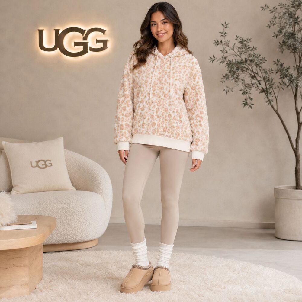 UGG Women's Hoodie Pullover MEDIUM Cozy Sherpa Leopard Kangaroo Pockets 1121380